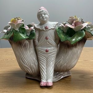 Capodimonte Floral Table Centerpiece Decor with Child Periot Clown Italian 1960s